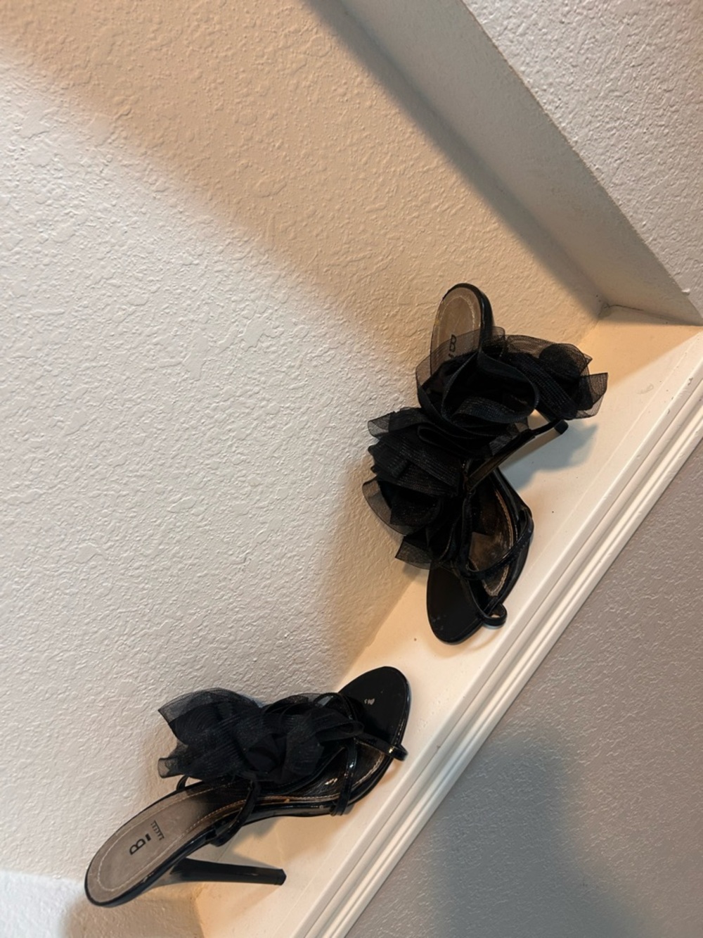 Black Ruffled Mesh Stiletto Heels - Women's Dress Sandals